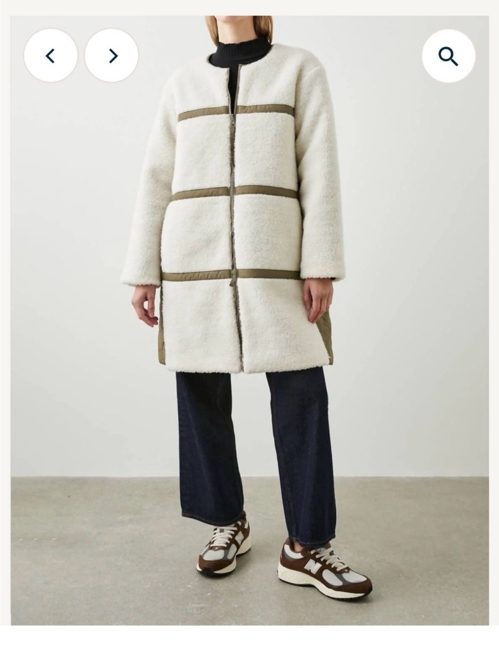 Wool-Blend Shearling Coat in Off-White with Olive Trim